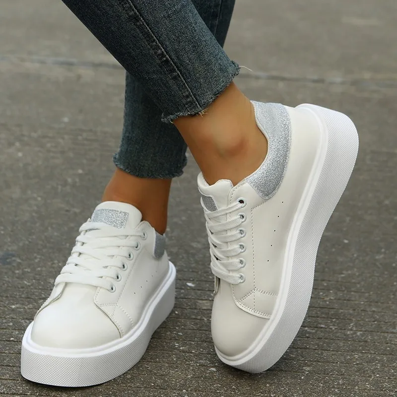 Women's Vulcanized Shoes Thick Sole Casual Flat Shoes 2023 Autumn New High Quality Lace up White Shoes Sports Shoes