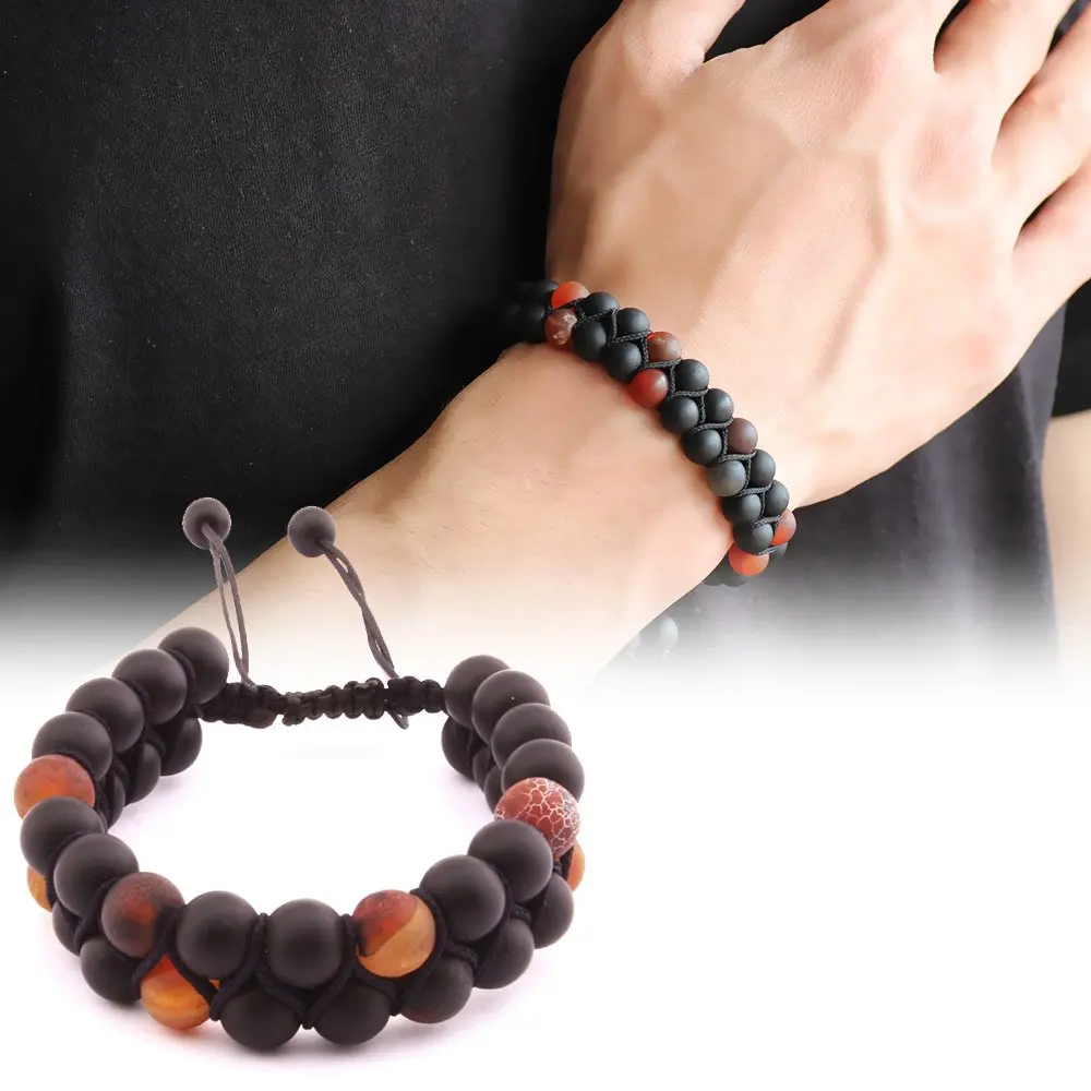 

Nipora Macrame Knitted Double Row Sphere Cut Onyx-Agate Natural Stone Bracelet