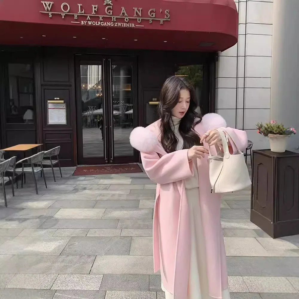 French Lazy 2024 осенне-зимнее новое двустороннее кашемировое пальто с капюшоном