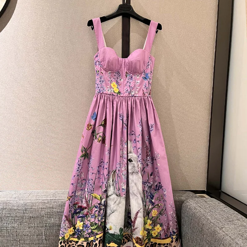 

High quality women's dress poplin stereo cup Bunny flower print holiday mid-length ladies dress purple fashion runway 2023Summer