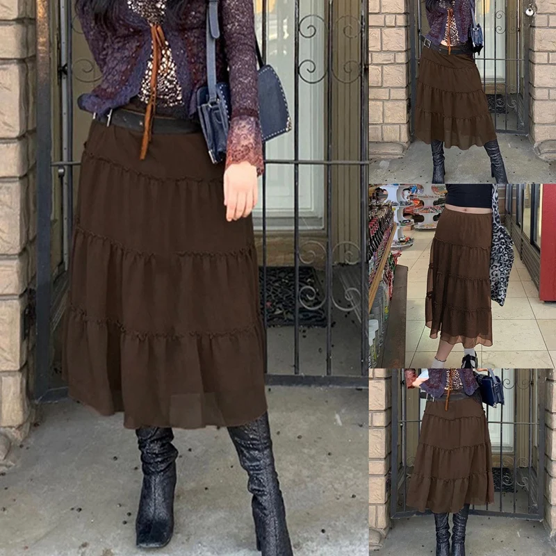 

Brown Mesh Ruffle Skirts Y2K Low Waist Patchwork Midi Skirt A-Line Outfits Fashion