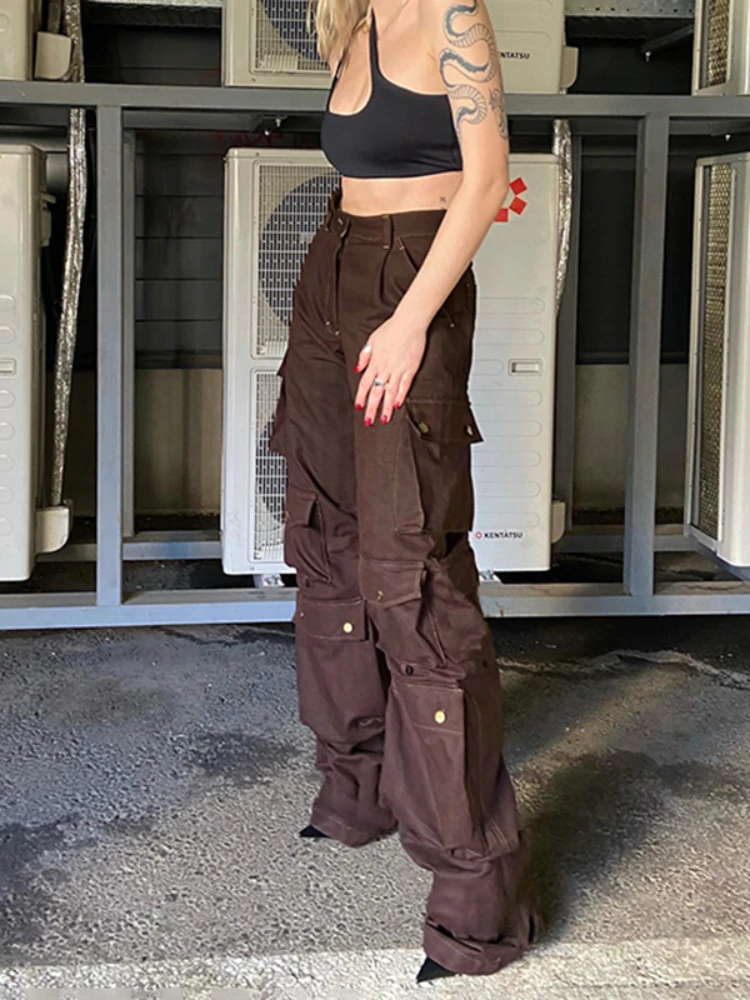 WeiYao Multi-Pockets Streetwear Low Rise Cargo Jeans Woman Brown Vintage 90s Aesthetic Straight Denim Pants Casual Bottoms