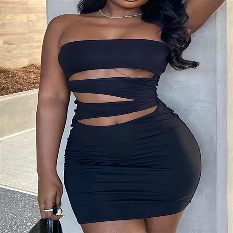 

Женское сексуальное короткое платье без бретелек с запахом, летнее однотонное облегающее платье без рукавов с открытой спиной и вырезами, о...