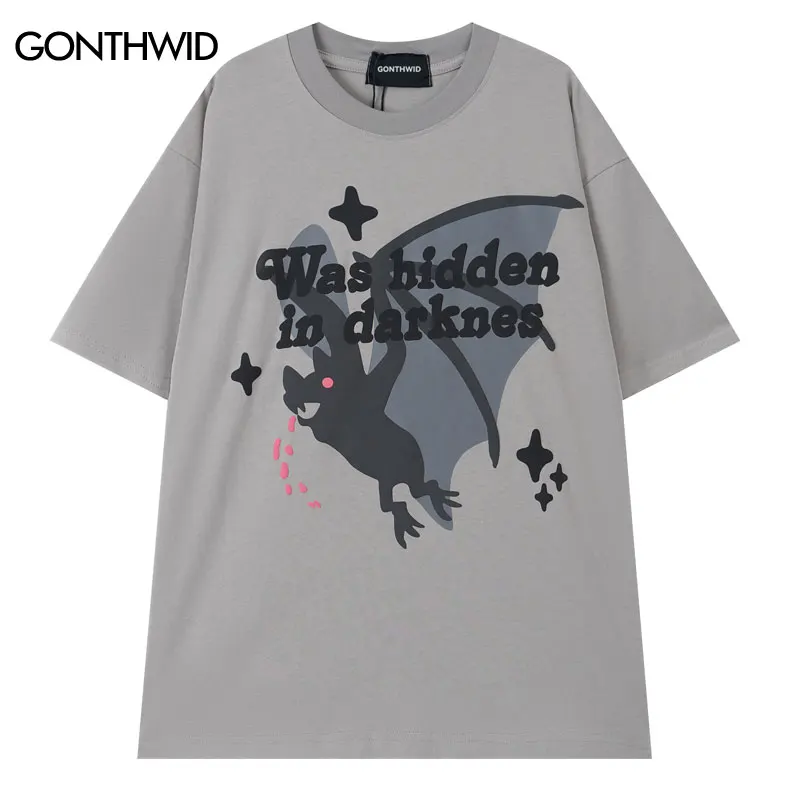 

Футболка мужская оверсайз в стиле хип-хоп, уличная одежда с надписью летучая мышь, Модный хлопковый топ в стиле Харадзюку в стиле панк/готик...