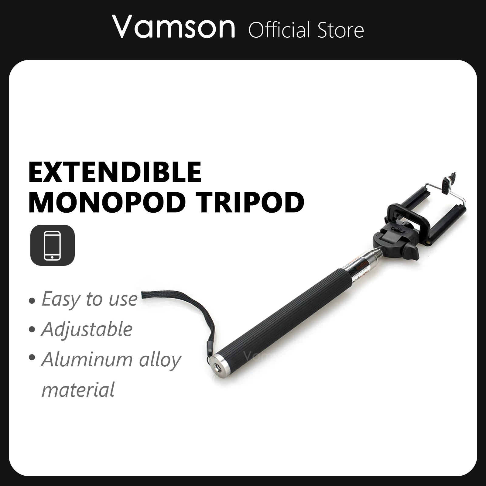 Vamson for Xiaomi yi Aluminum Extendible Monopod Tripod Adapter Phone Clip for Gopro 7 6 5 Camera for Huawei Mobile phone VP401