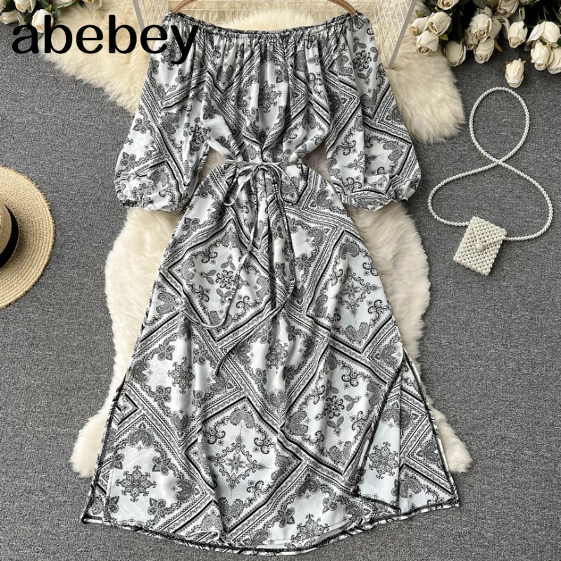 

Summer Vintage Print Dress Women Slash Neck Puff Sleeve Off Shoulder A-line Dresses Fashion Sexy Split Midi Sundress