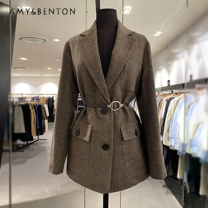 

Herringbone Pattern Suit for Women 2023 Spring and Autumn New Korean Style Coat Lace-up Tight Waist Retro Suit Jacket