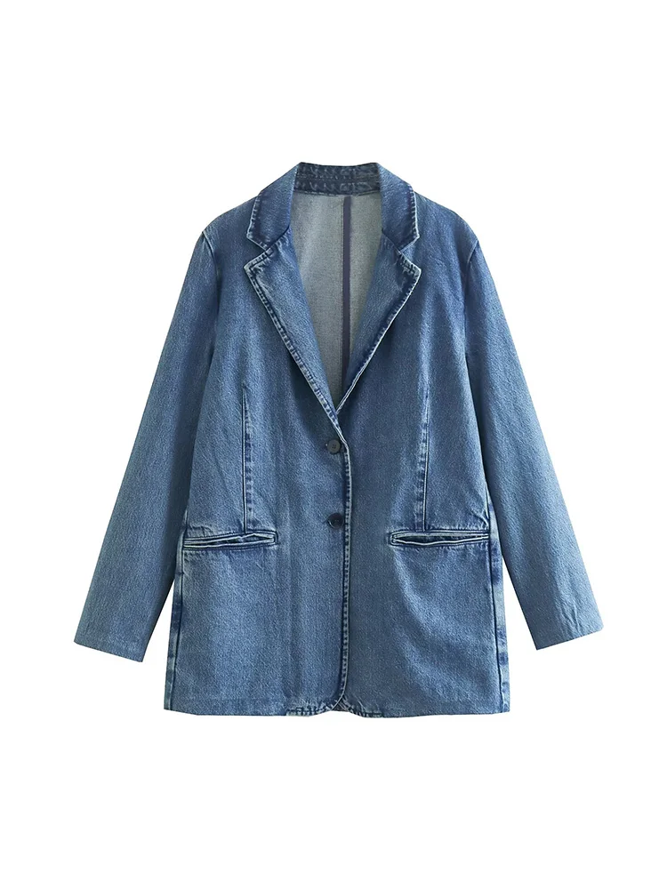 

Women 2022 Autumn New Fashion Button Cowboy Coat Vintage Long Sleeve Welt Pockets Female Outerwear Chic Veste