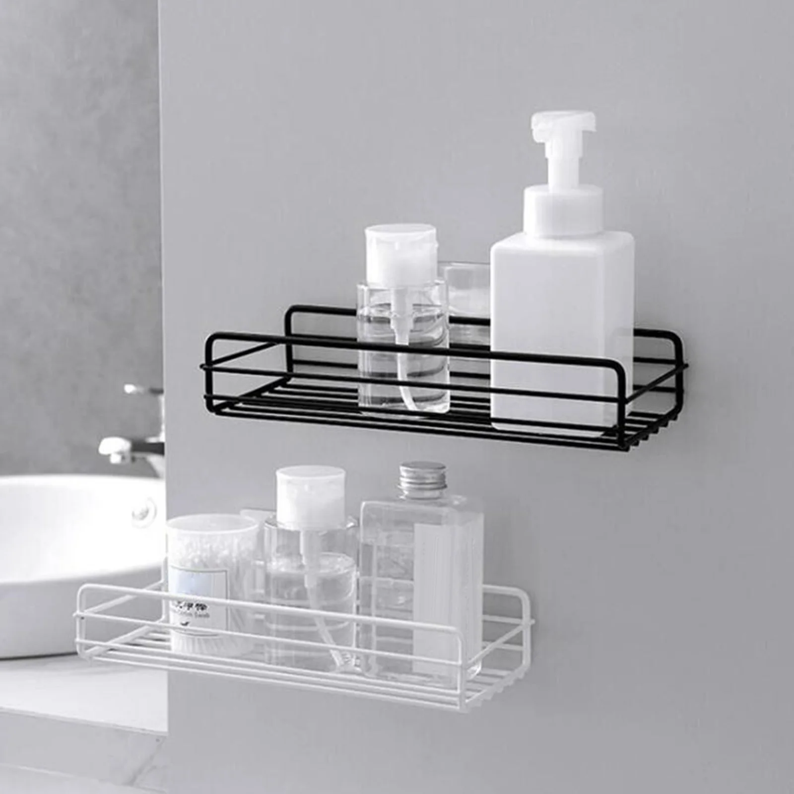 

Stainless Steel Bathroom Storage Shelf Punch-Free Kitchen Bathroom Toilet Wall Hanging Storage Rack WIth Traceless Sticker