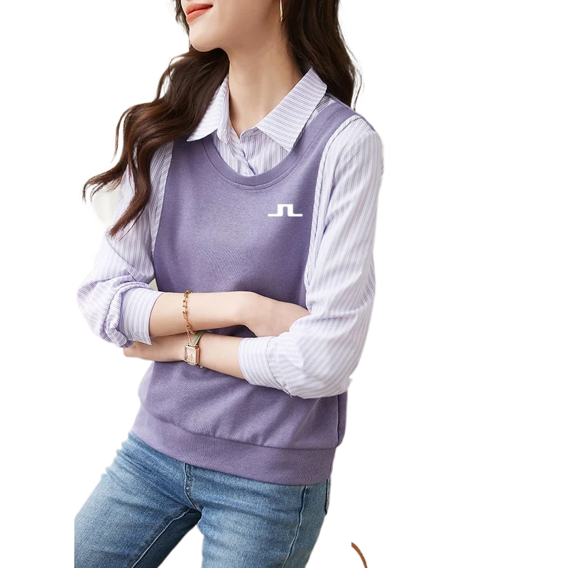 

Высококачественная Осенняя Женская одежда, свитер для гольфа, женская одежда для гольфа 2023, искусственная двойка, Южный пейзаж, вязаная рубашка для гольфа, воротник поло