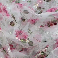 soft printed mesh fabric flocking flower evening dress stage suit handmade diy clothing fabric curtain decoration cloth