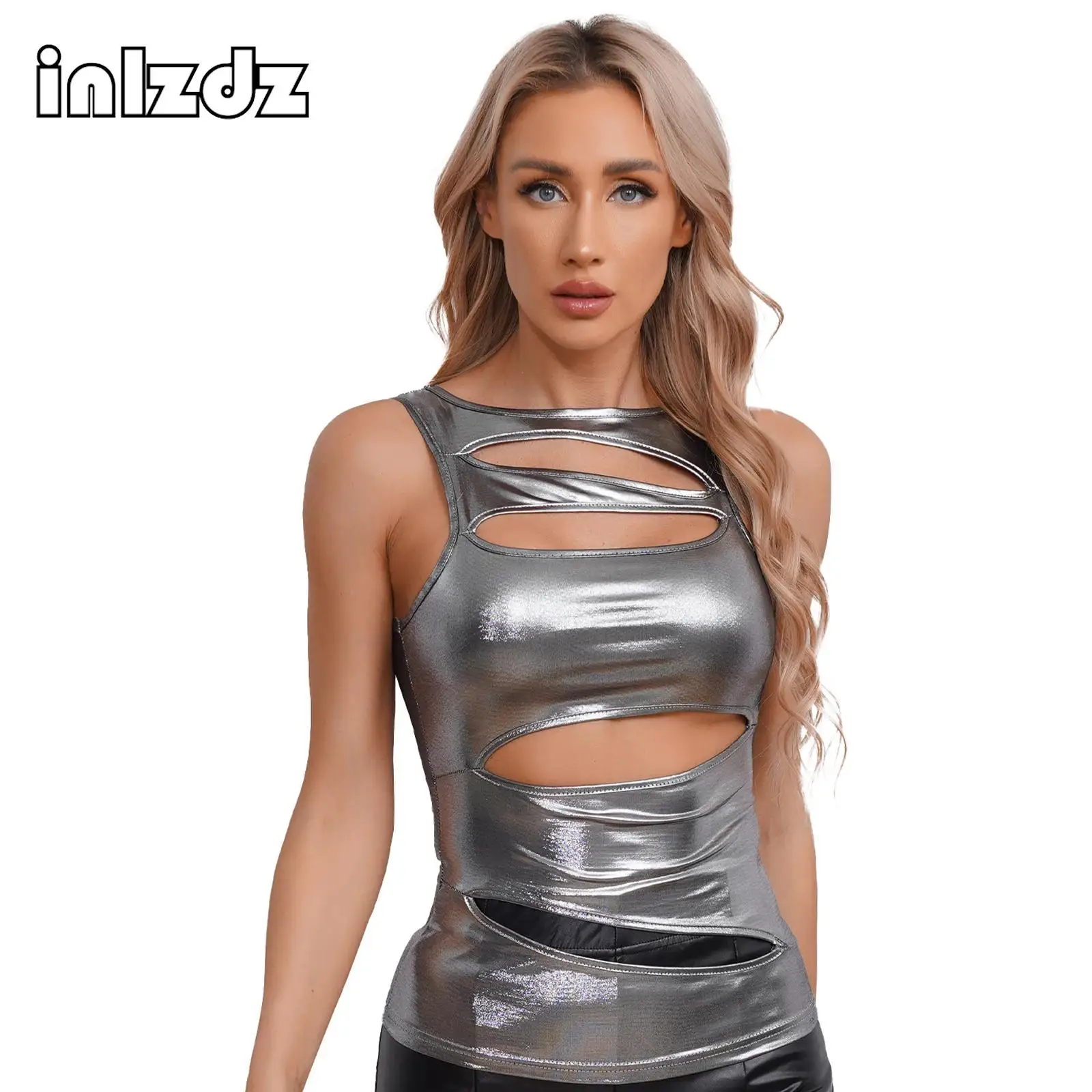 

Womens Charming Metallic Shiny Crop Top Halter Sleeveless Backless Slim Fit Tank Top Camisole for Cub Bar Nightout
