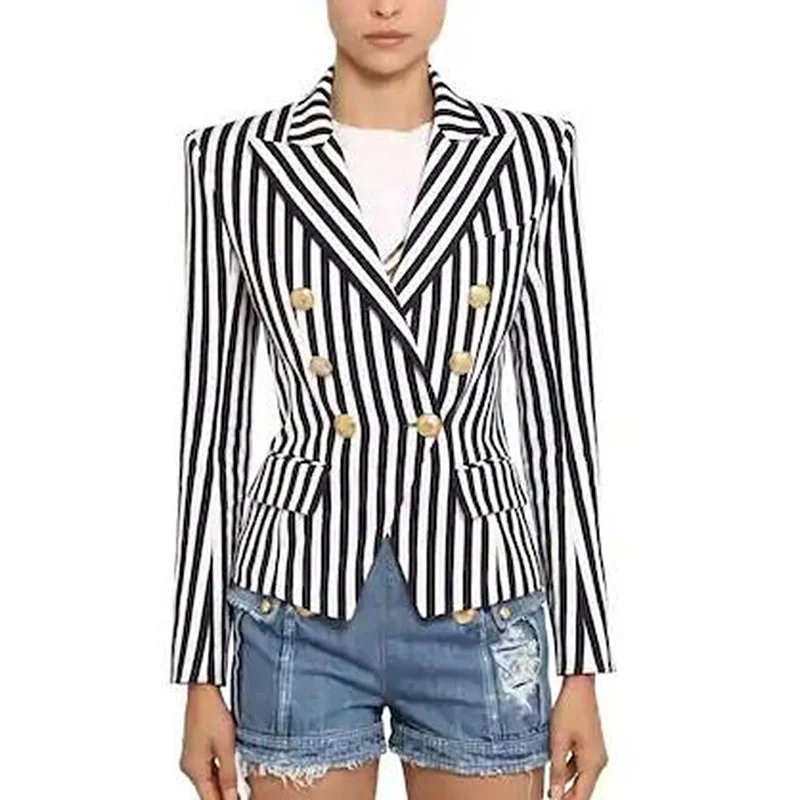 TOP QUALITY Newest 2022 Stylish Designer Jacket Women's Lion Buttons Double Breasted Classic Striped Print Blazer