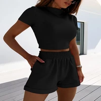 2 piece set women summer o neck casual crop top 2022 female clothing tracksuit pockets loose shorts two piece