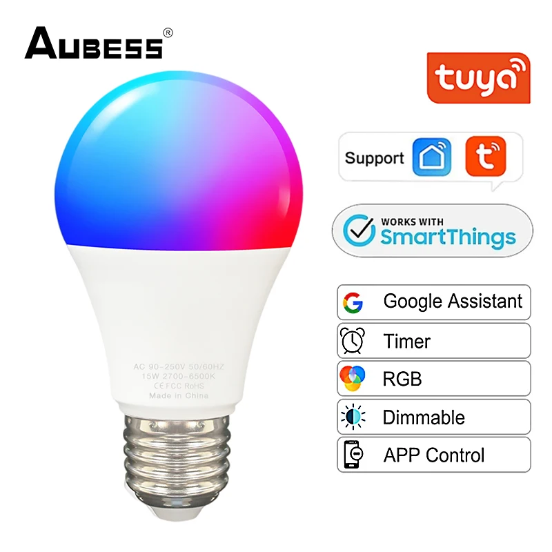

Smart Wifi Bulb 15W RGB+C+W Dimming Smart Light Bulb Tuya SmartLife APP Control Work With Alexa Google Home