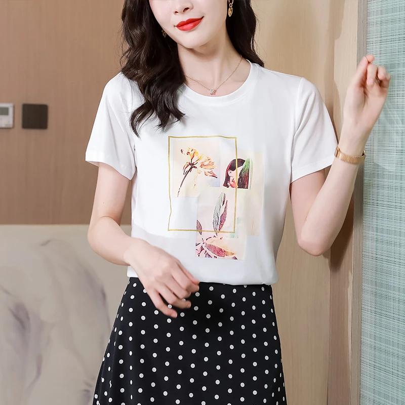 

Летняя женская футболка, топ с коротким рукавом, корейская мода, круглый вырез, нейлон, хлопок, Повседневная печать, прямые футболки Movafag
