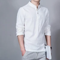 spring topmen t shirt simple solid color breathable long sleeve stand collar slim spring shirt for daily wear