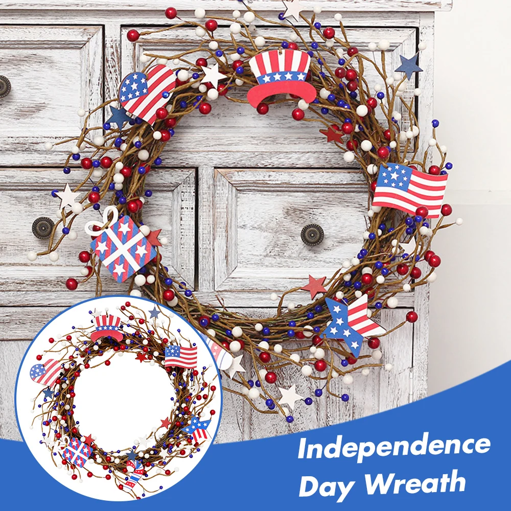

40cm American Flag Stars Wreath Sign Berry Independence Day Decoration Wall Patriotic Holiday Garland Living Room Decor