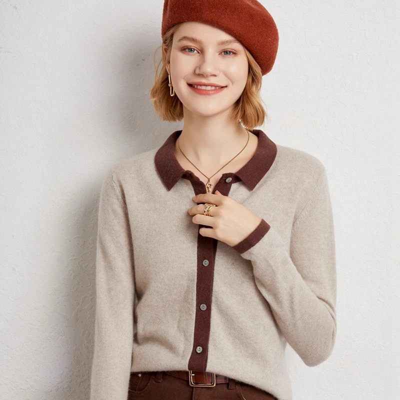 New Style Contrast Color Lapel Small Fragrance Style Long-Sleeved Cardigan Top All-Match Short Knitted Sweater Women