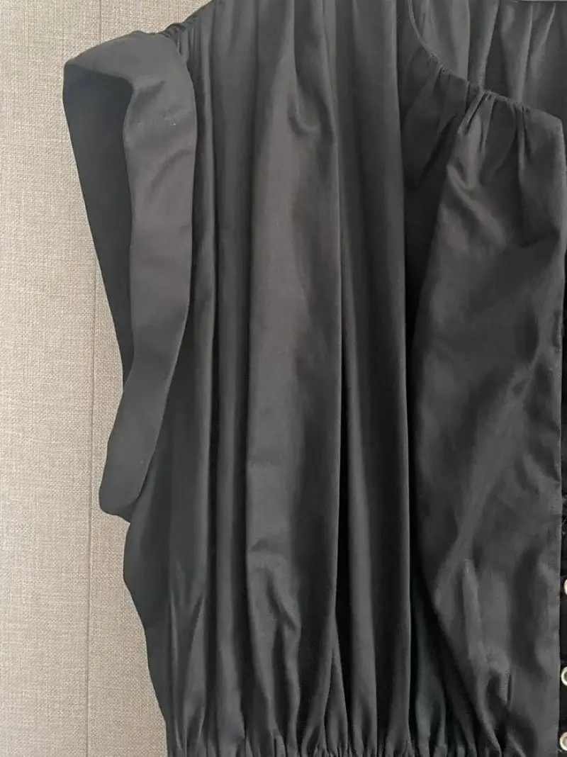 

Women's Pleated O-Neck Sleeveless Single Breasted Elastic Waist Elegant 2023 Spring Summer Mini Dress