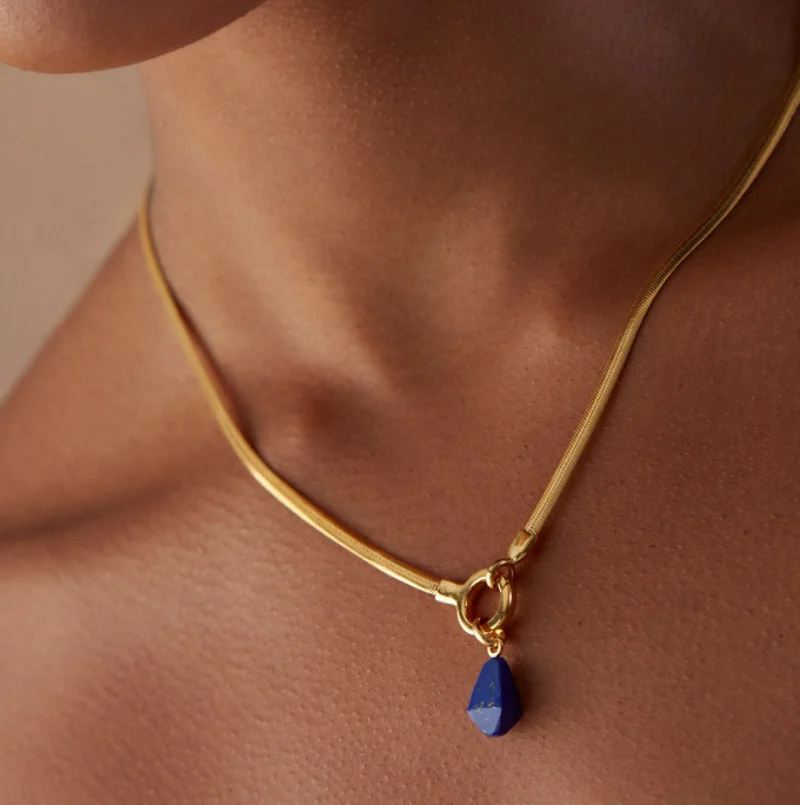 

New Natural Lapis Lazuli Pendant Necklace Fo Rwomen 18K Gold Plated Stainless Steel Chain Necklaces Vintage Jewelry