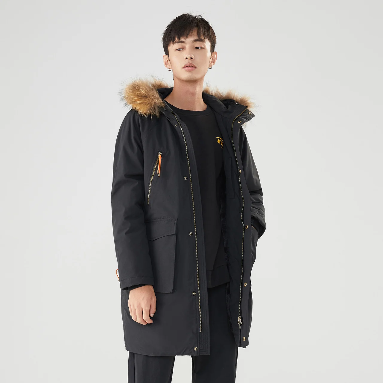 Metersbonwe Solid Color Wadded Clothes For Man Large Fur Collar Hooded Warm Wear Casual Loose Winter Cotton-Padded Coat