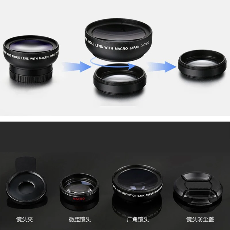

37MM 0.45X 49UV Super Wide-angle + Macro Two-in-one Mobile Phone Lens Professional Universal Clip Mobile Phone