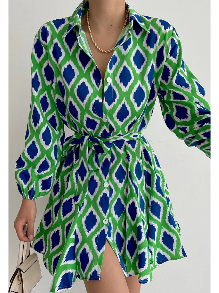 

Summer Women Elegant Lapel Long Sleeve Single Breasted Shirt Dress Vintage Print Mini Dress Ladies Fashion Lace Up Loose Dresses