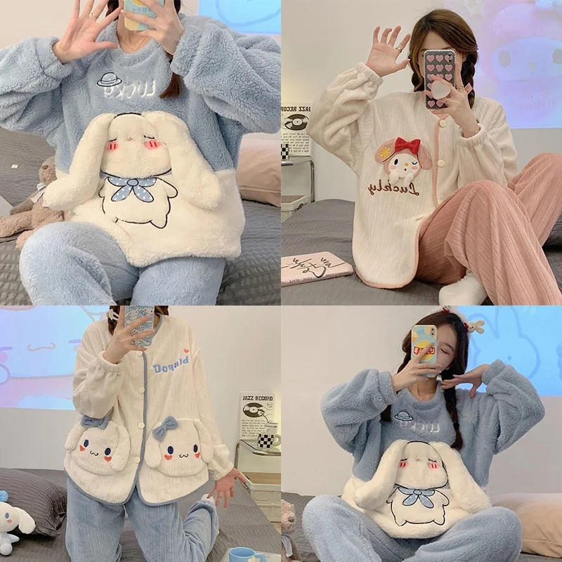 

Kawaii Sanrios Cinnamoroll/Плюшевые пижамы коралловый бархат Главная с героями мультфильмов «My Melody» милые теплые зимние пижамы Рождественский подарок для девочек