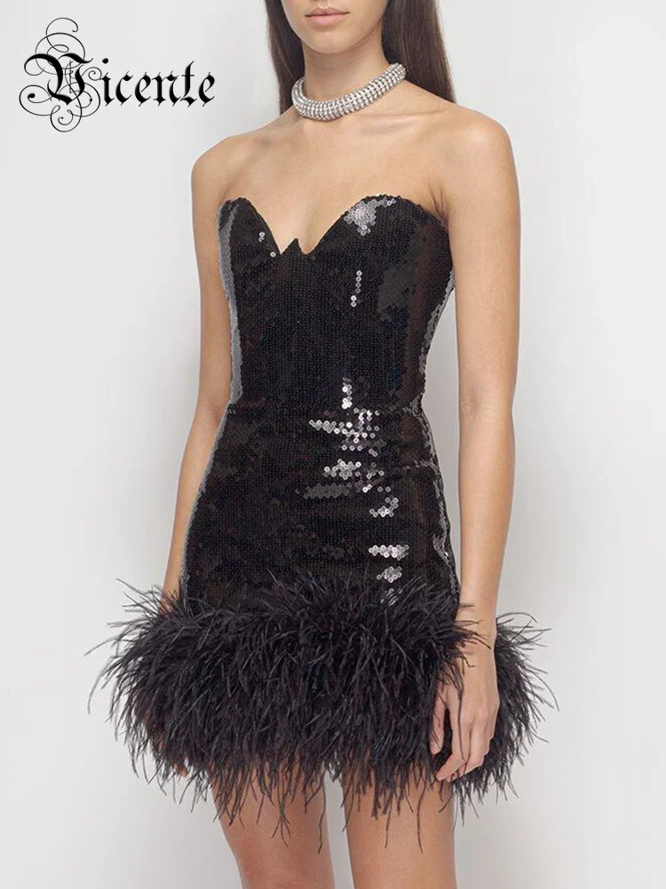 VC Sequins Dress For Women Sexy Strapless Mini Feather Design Birthday Formal Prom Party Black Dresses Free Shipping