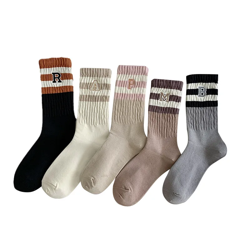 

Embroidered Striped Lettering Preppy Style Solid Socks Socks