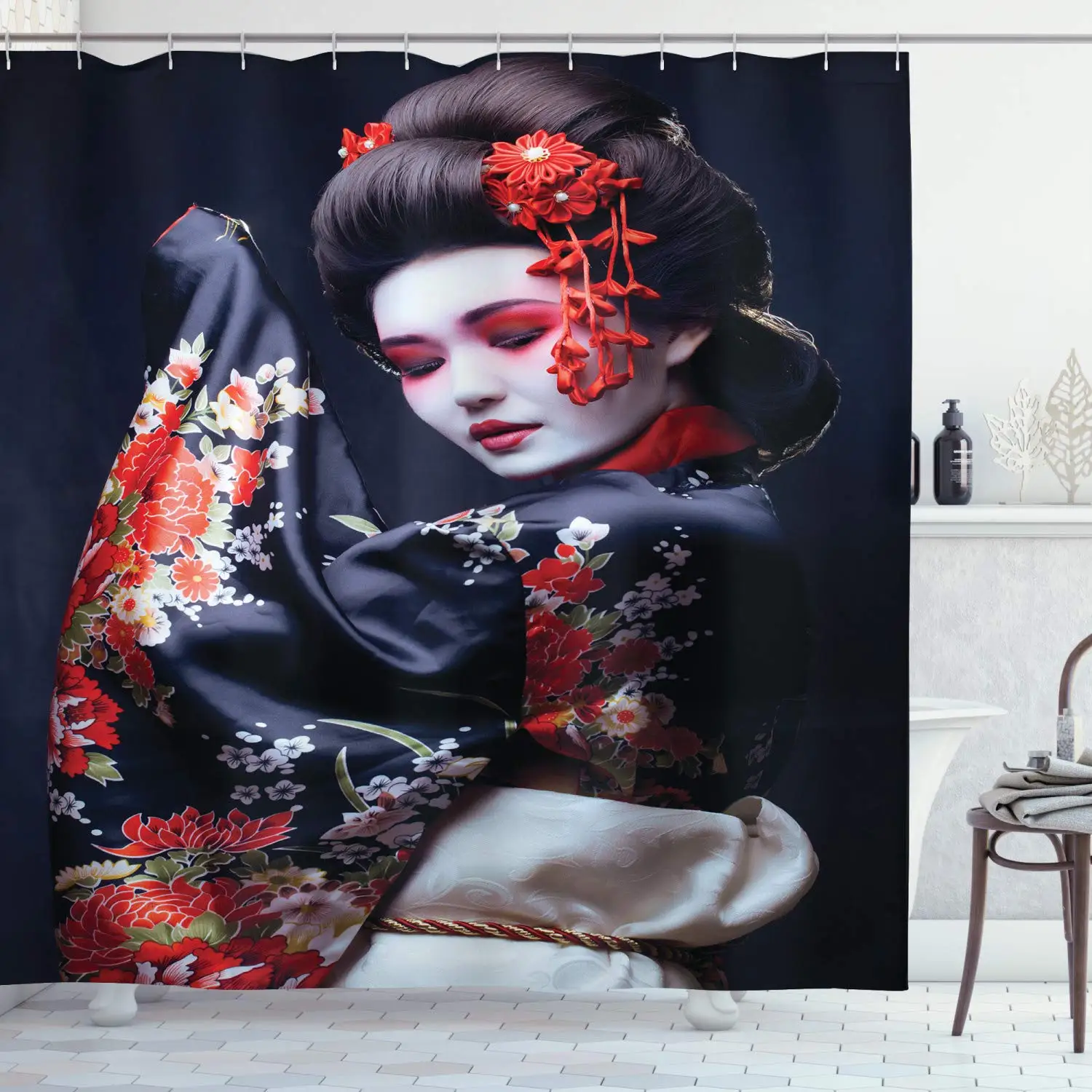 

Japan Shower Curtain Young Geisha In Kimono with Sakura Traditional Oriental Costume Makeup Cloth Fabric Bathroom Decor Set Hook