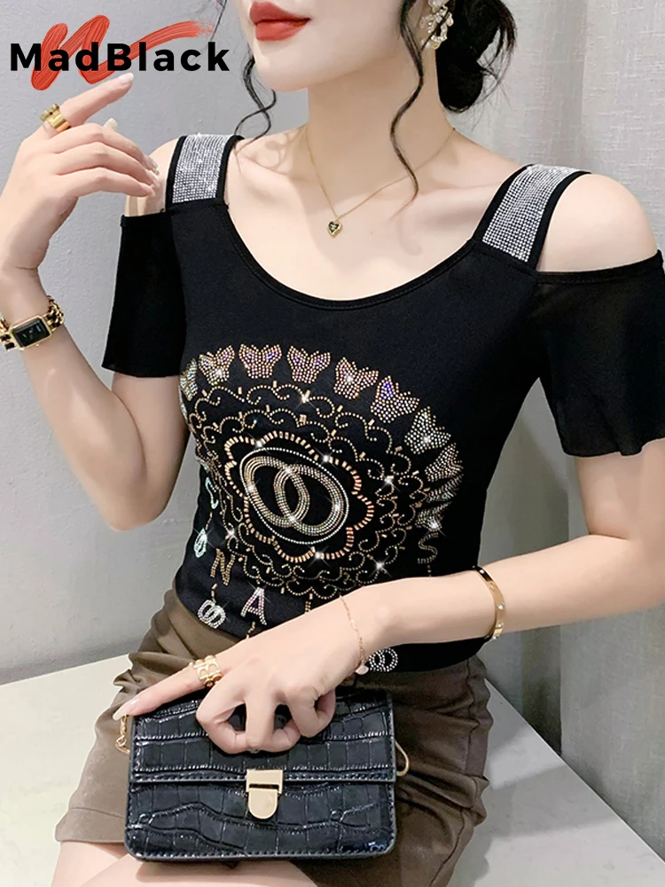

Женская футболка с открытыми плечами и бриллиантами, в европейском стиле
