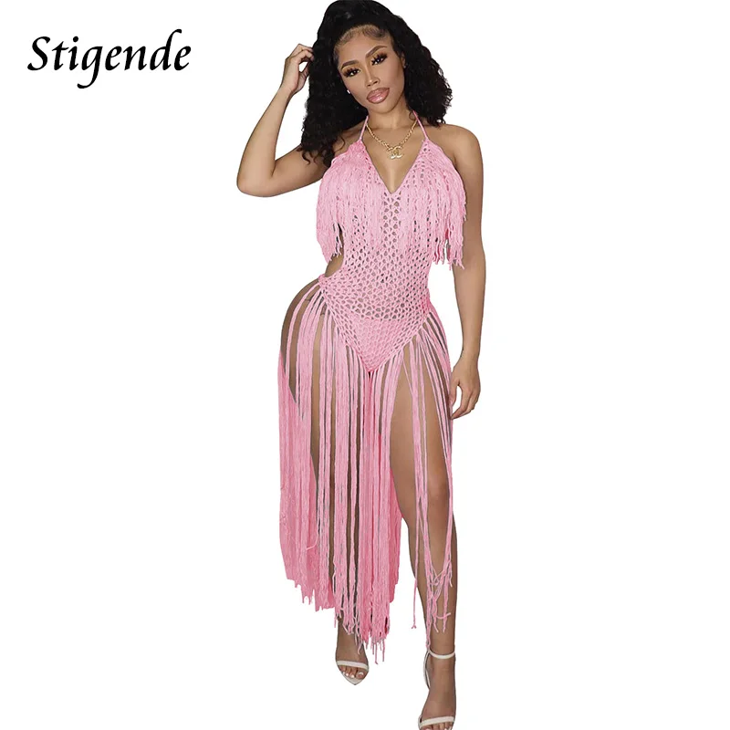 

Stigende Women Summer Beach Bodysuit Cover Up Hollow Out Tassel Swimwear Sexy See Through Crochet Knitted One Piece Swimsuit