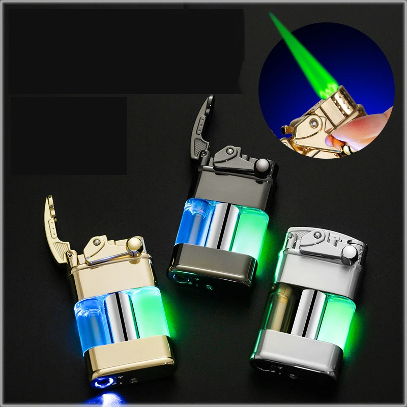

Creative Rocker Windproof Lighter Visible Transparent Oil Tank LED Luminous Quicksand Green Flame Metal Body Men's Gifts