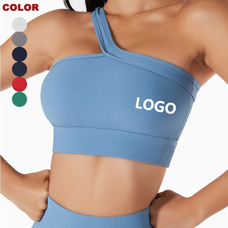 

One Shoulder Design Free Shipping New Ribbed Sports Bra Fitness Top Chest Pad Gym Outfit Women Yoga Bras