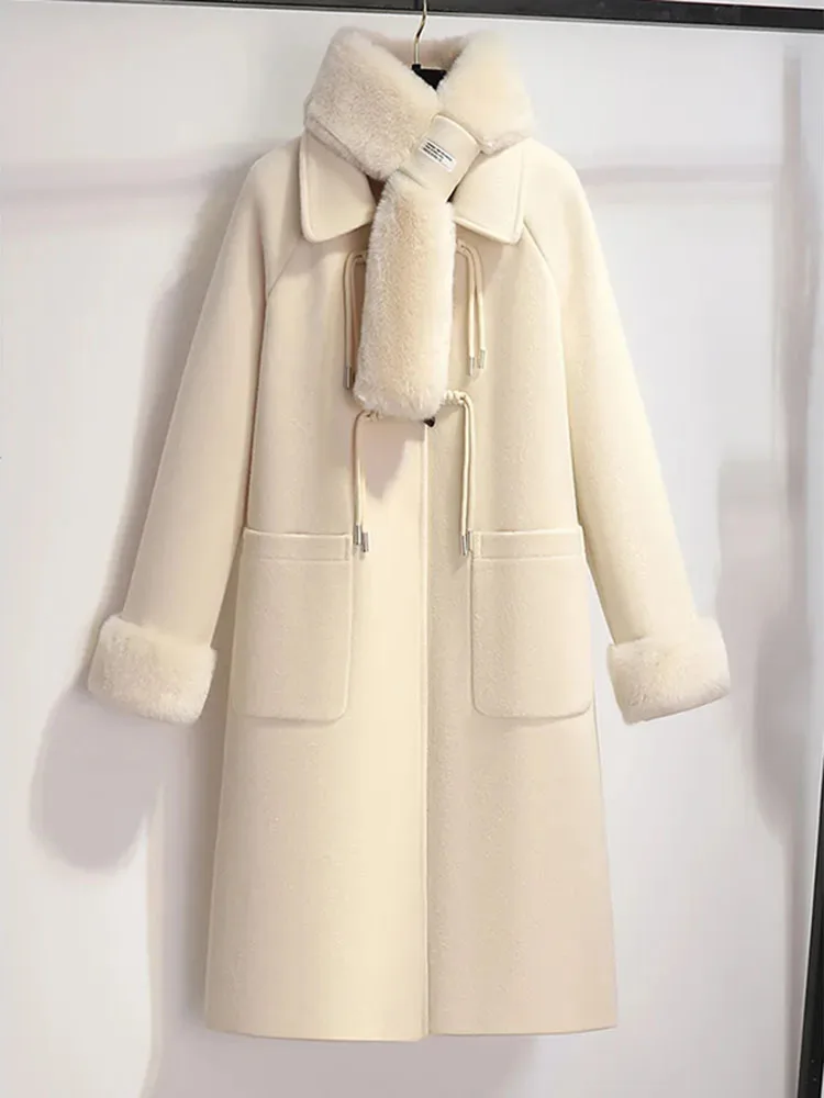 Шерстяное пальто средней длины с меховым воротником шерстяное для женщин зимняя