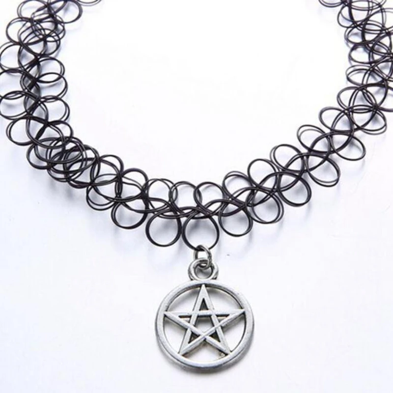 Gothic Pentagram Tattoo Choker Hand Feather Evil Eye Infinity Elephant Tree Karma Buddha Saturn Necklaces Pendant Women Jewelry