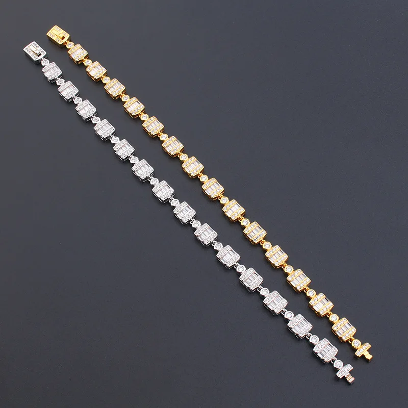 

Europe America Luxurious Style Men Women Lady Plated Gold Color Inlay Full Cubic Zircon Square Chain Bracelet 2 Color