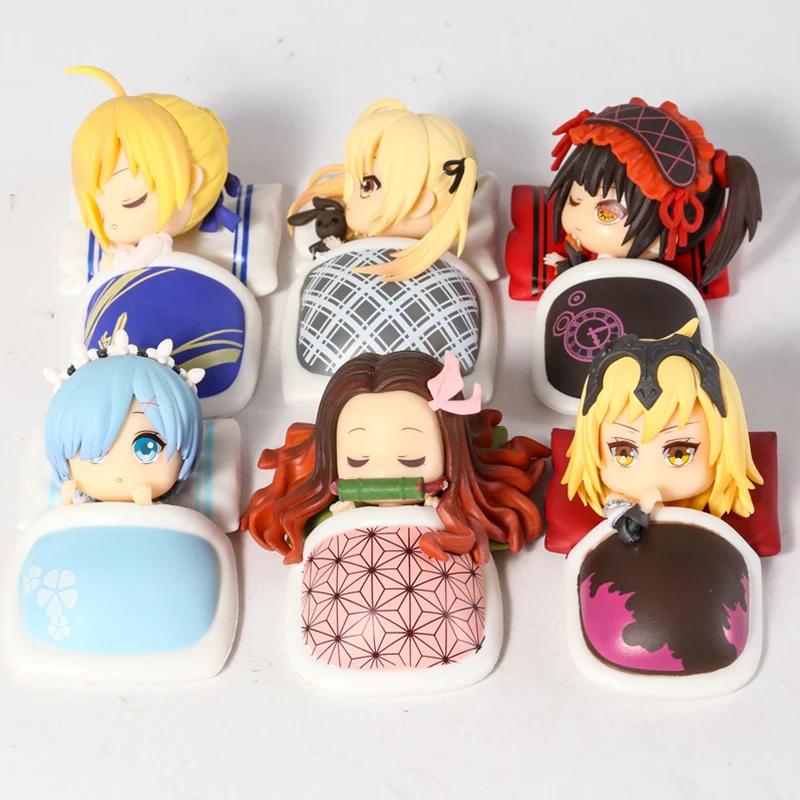 

Sleeping Rem Saber Nezuko Kasugano Sora Tokisaki Kurumi Jeanne d Arc Figure PVC Collection Model Toys Brinquedos 6pcs/set