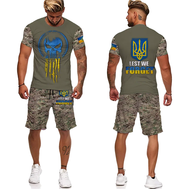 Men's Ukrainian Camouflage 3D Print T-Shirts/Suits Armed Forces Military Tees+Shorts Set Casual Short Sleeved Outdoor Sportswear