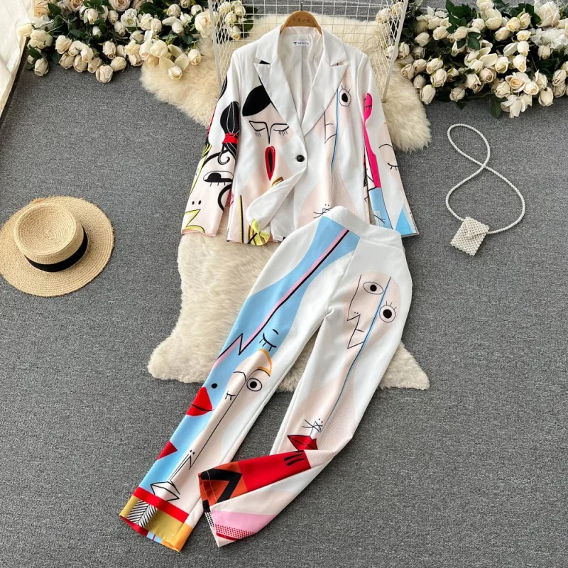 

Runway Retro Fashion Women's Outfits Long Sleeve Jacket Trousers Suits Printing Blazer + Long Pants Two Pieces Set Female