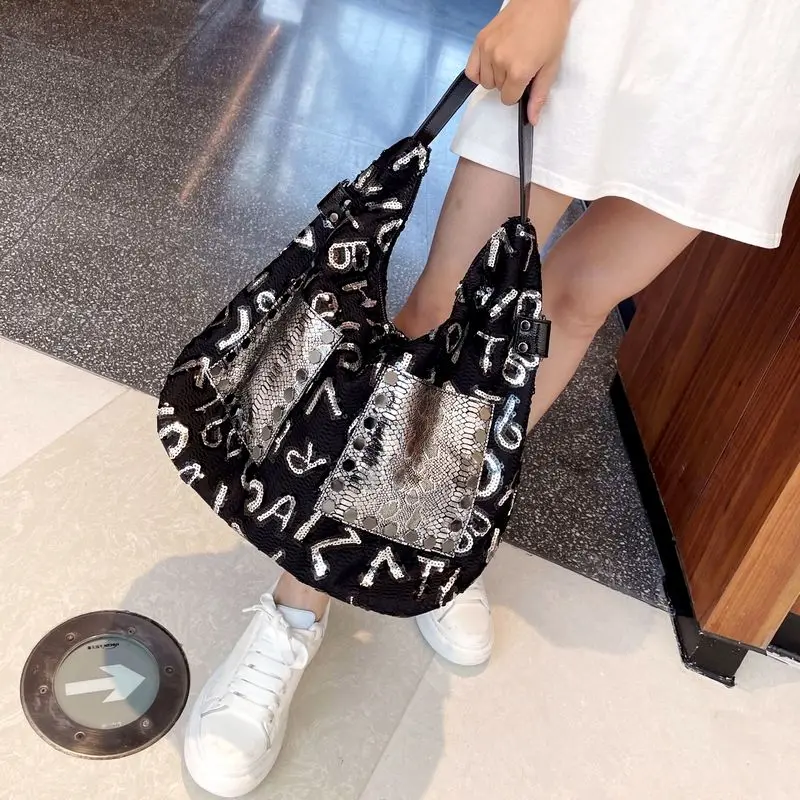 

Luxury Designer Handbag Shoulder Bag Hobos Large Capacity Shopper Bags Ita Shining Sequines Letter Print Tote Sac Quality Bolsas