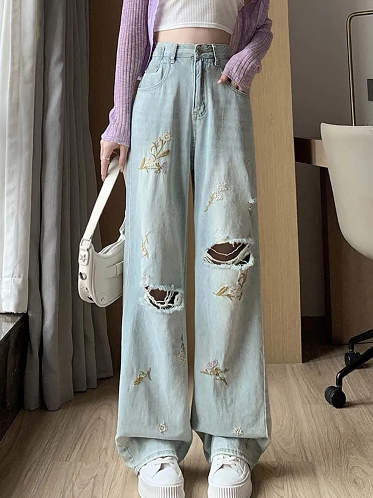 

Свободные брюки для отдыха из денима с высокой талией и вышивкой, Новая модная женская одежда 2023