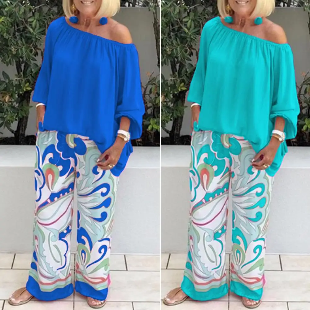 

2 Pcs/Set Chic Printed Women Tops Pants Suit Women Blouse Pants Set Breathable Off Shoulder