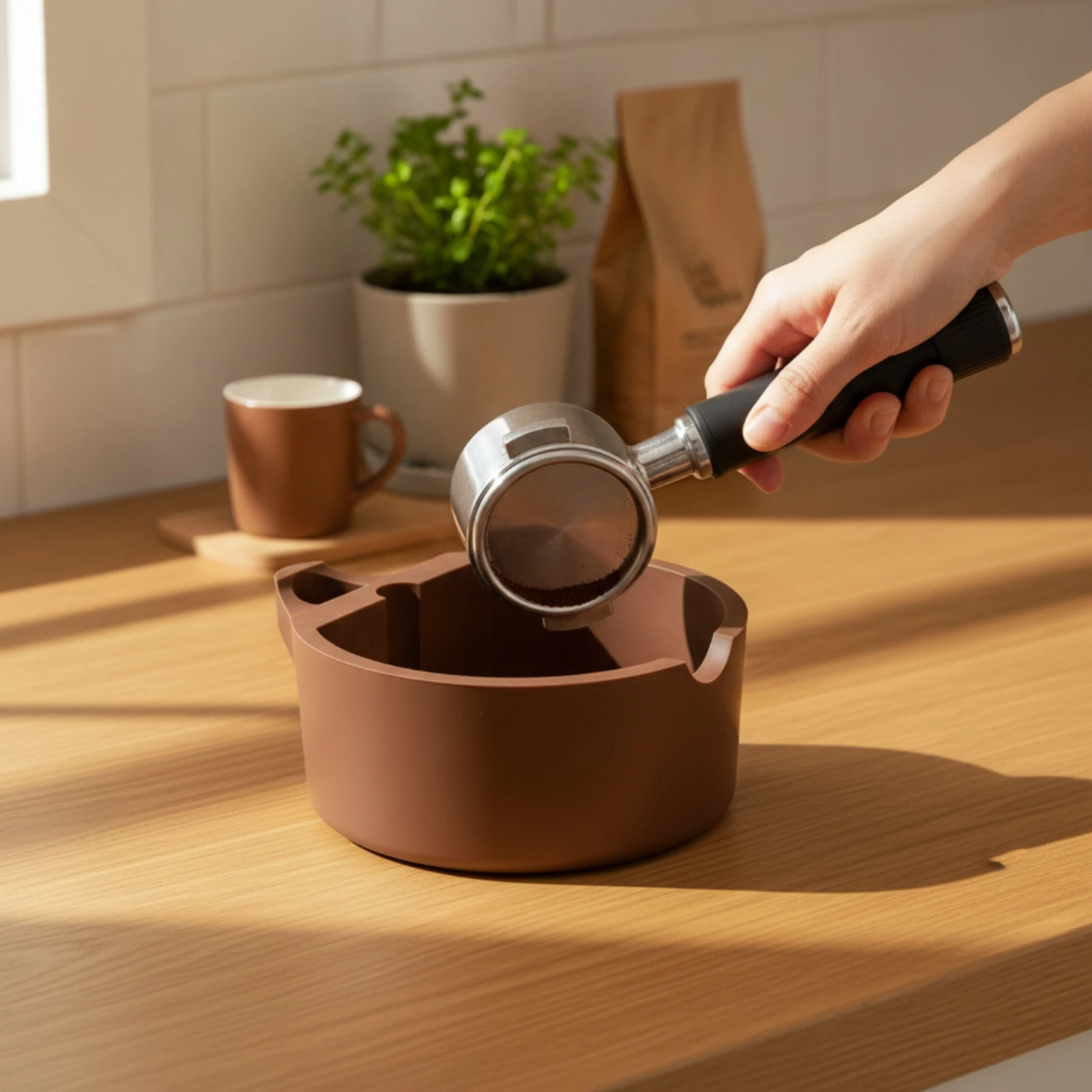 Фото Компактный контейнер для кофейной гущи Espresso Knock Box с длинной ручкой, долговечный и устойчивый аксессуар для барист и кафе №1