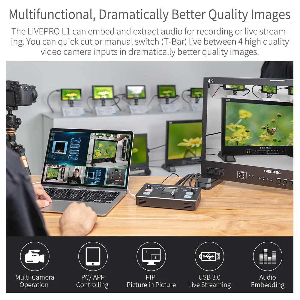 Фото Мультиформат видеомикшер FEELWORLD LIVEPRO L1, смеситель с 4 входами, производство нескольких камер, USB3.0 для прямой трансляции №4