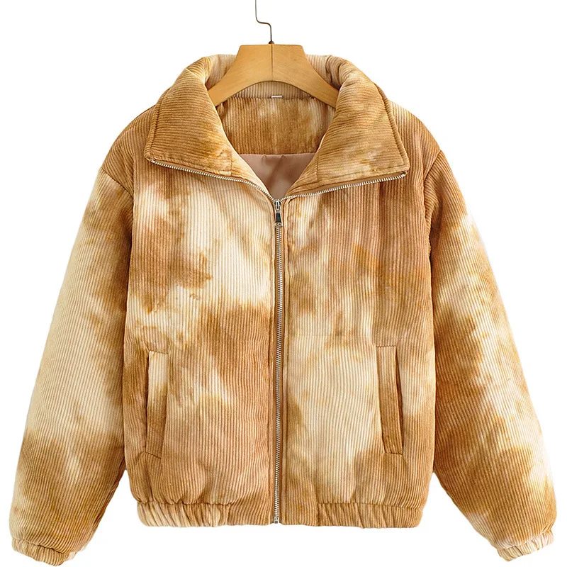 2022 Women's New Commuter Lapel Thickened Loose Warm Fashion Casual Solid Color Tie-Dye Cotton Coat