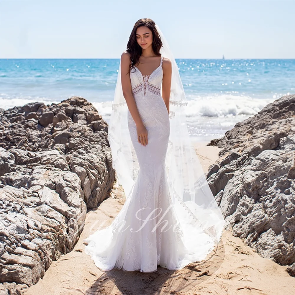 

YunShang V-neck Illusion Back Wedding Dress Exquisite Lace Appliques Bridal Dress Mermaid Sweep Train Vestido De Noiva for Bride