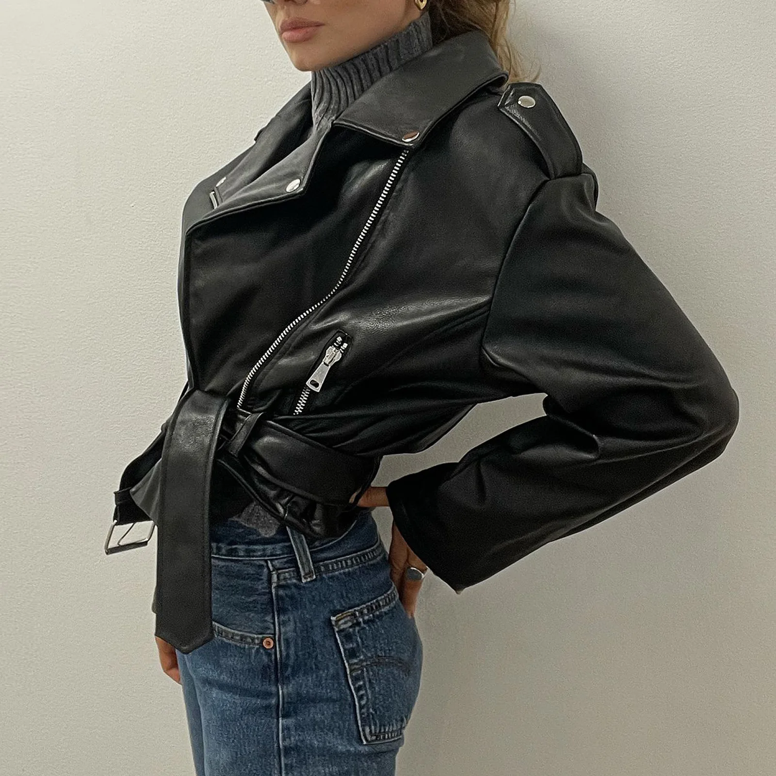 Harajuku Style Women Black Faux Leather Jacket 2022 Autumn Winter Vintage Loose Long Sleeve Coat Chic Lapel Loose Streetwear Y2K